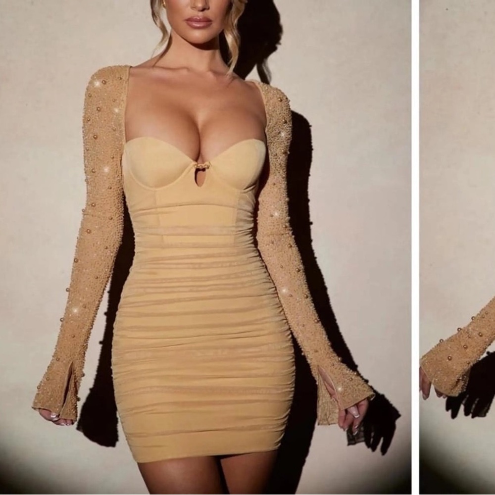 Oh Polly Beaded Long Sleeve Dress in Gold